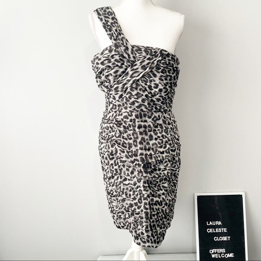 Calvin Klein gray snow leopard dress ruched sleeveless one shoulder size 10
